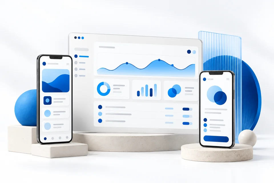 Illustration of mobile devices and a coordinated web application.
