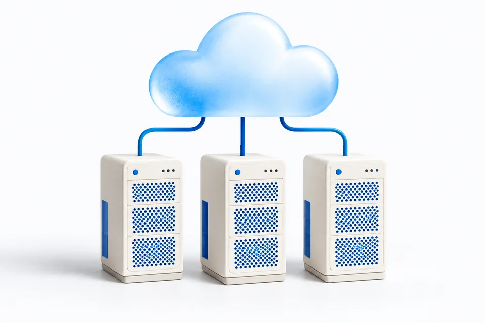 Illustration of three server towers connected to a sculptural cloud.
