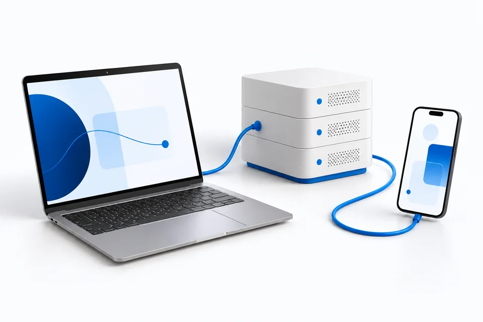 Illustration of a laptop, phone and server connected by a blue cable.